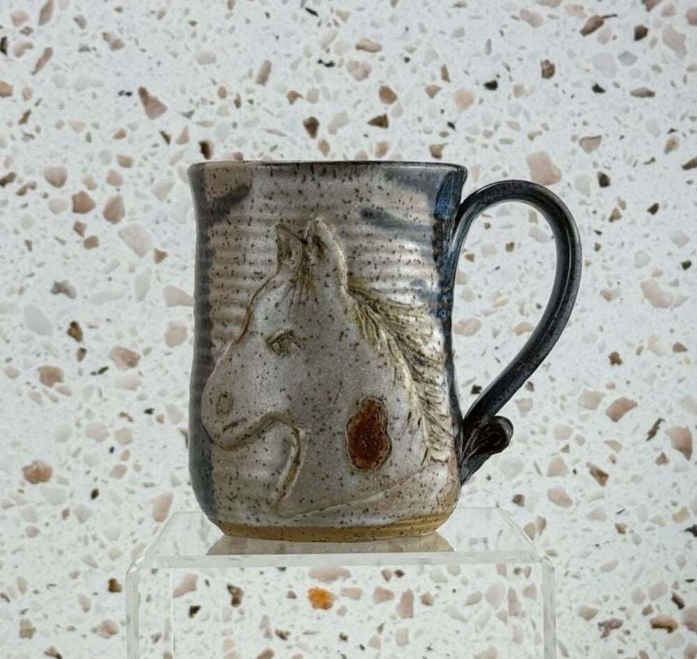 Handcrafted Variegated Blue pottery Mug Horse Linda Kirkwood Smith 5”